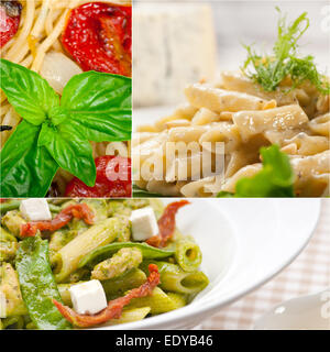 Sammlung von verschiedene Arten von italienischer Pasta auf Collage weißen Rahmen Stockfoto