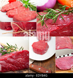 Sammlung von verschiedenen rohes Rindfleisch schneidet Collage weißen Rahmen Stockfoto