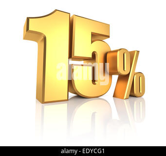 15 % auf weißem Hintergrund. 3D Rendering golden Metall Rabatt Stockfoto