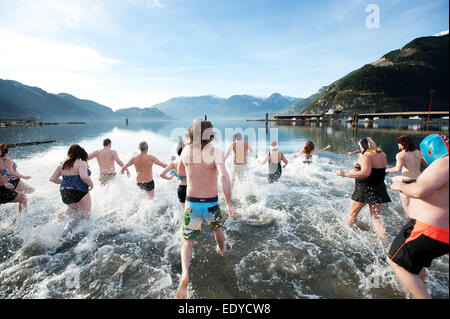 Schwimmer ins Wasser am Mittag am Neujahrstag während der jährlichen Squamish Eisbären in Howe Sound, in der Nähe von Vancouver BC, Kanada schwimmen Stockfoto