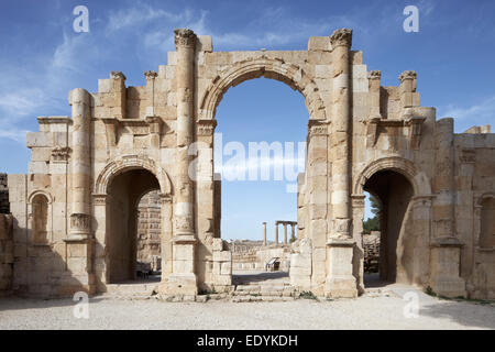 Südtor, alte römische Stadt Jerash, Teil der Dekapolis, Jerash, Jerash Governorate, Jordanien Stockfoto