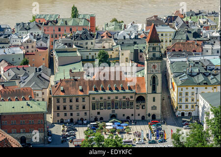 Rathaus und Turm Halle, Hotel Wilder Mann, Altstadt, Passau, untere Bayern, Bayern, Deutschland Stockfoto