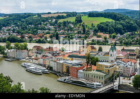 Ortsspitze, Dreiflüsseeck, Niedernburg Kloster, Altstadt, Donau, Fluss Inn, Passau, untere Bayern, Bayern, Deutschland Stockfoto