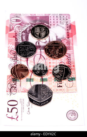 British Royal Mint Münzen zeigt Schild Design auf Bank of England 50-Pfund-note Stockfoto