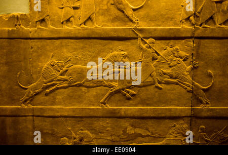 British Museum, London England UK. Assyrische Löwenjagd. Januar 2015 König Ashurbanipal Jagd Löwen. Bas-Relief-Panel in geschnitzt Stockfoto