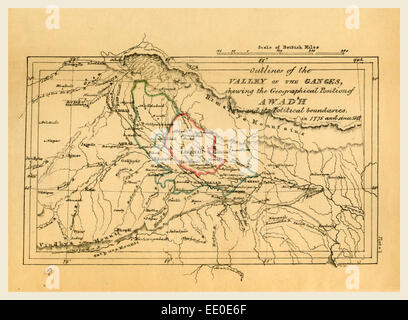 Tal des Ganges Indien, Umriss der Topographie und Statistik des südlichen Bezirke Oud'h Karte Stockfoto