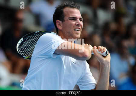Auckland, Neuseeland. 12. Januar 2015. Adrian Mannarino aus Frankreich während seiner Einzel-Match bei der Heineken Open. ASB Tennis Centre, Auckland, Neuseeland. Montag, 12. Januar 2015. Bildnachweis: Aktion Plus Sport/Alamy Live-Nachrichten Stockfoto
