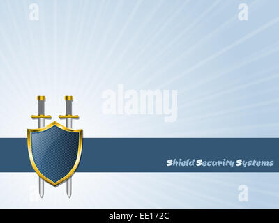 Blau gestreiften Schild mit zwei Schwertern Icon-Design und blauen Hintergrund platzen Stockfoto