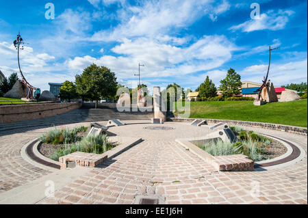 Gabeln astrologische Denkmal, Oodena Feier Kreis, Winnipeg, Manitoba, Kanada, Nordamerika Stockfoto