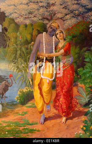 Bild von Krishna und Radha angezeigt in einem ISKCON Tempel, Sarcelles, Seine St. Denis, Frankreich, Europa Stockfoto