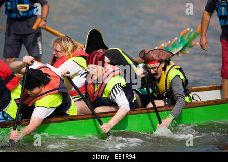 Wettbewerber als Piraten verkleidet in einem Drachenboot-Rennen, Bristol. Stockfoto