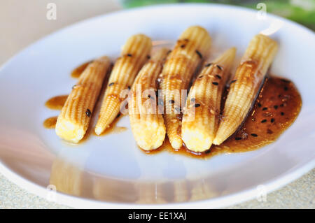 Baby Feldsalat Wite-Sesam-Sauce auf weiße Schale Stockfoto