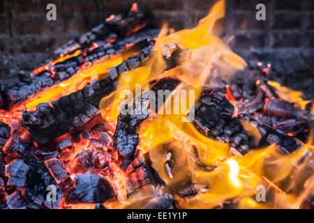 Brennendes Holzfeuer, Kohlen für die Zubereitung zu machen. Stockfoto