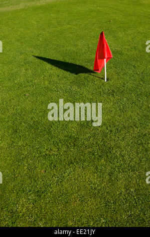 Rote Golfflagge auf grünem Gras Stockfoto