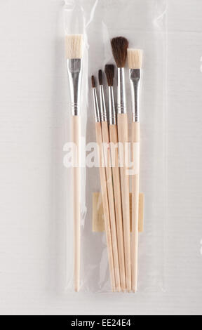 Einige hölzerne neue Pinsel in Kunststoff Stockfoto