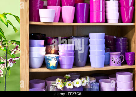 neuen violetten Blumentöpfe in einem Regal in einem Markt Stockfoto