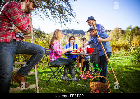 Mehr-Generationen-Familie schälen Äpfel, München, Bayern, Deutschland Stockfoto