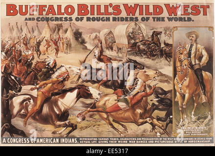 Buffalo Bills Wildwest und Kongress von Rough Riders der Welt, amerikanische Indianer angreifenden Pioniere im Planwagen, Zirkus-Plakat, ca. 1899 Stockfoto