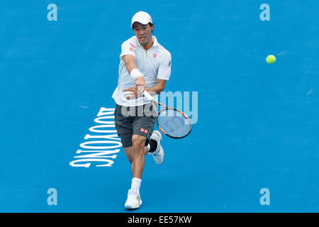 Melbourne, Australien. 14. Januar 2015. Kei Nishikori (JPN) in Aktion am Tag 2 des Turniers 2015 Kooyong Classic im Kooyong Lawn Tennis Club in Melbourne, Australien. Sydney Low/Cal Sport Media/Alamy Live-Nachrichten Stockfoto