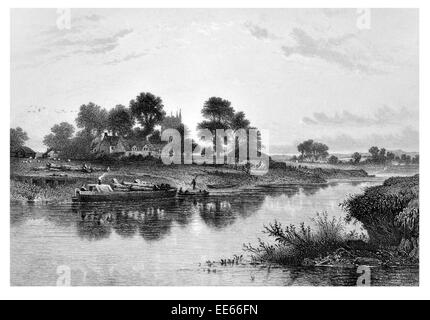 Der Abend Stunde Benjamin Williams Leader englische Landschaft Maler schmale Boot Fluss Kirche Bauernhof Dorf auf dem Lande Stockfoto