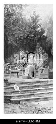 Eine vorherige Anlage Marcus Stone Botanischer Garten Park Bank paar Beziehung Katze viktorianischen Kostümen verkleiden gent Stockfoto