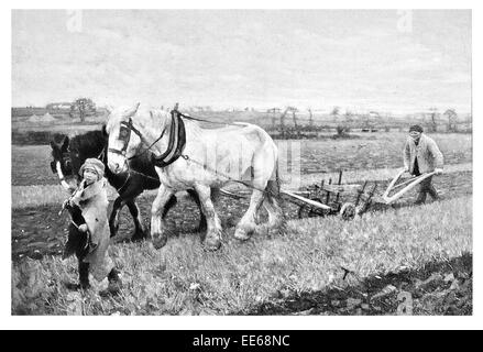 Sir George Clause Shire Horse Pflug Feld Ernte Vater Tochter Landwirt landwirtschaftliche Landschaft historischen Kostümen ziehen Pflügen Stockfoto