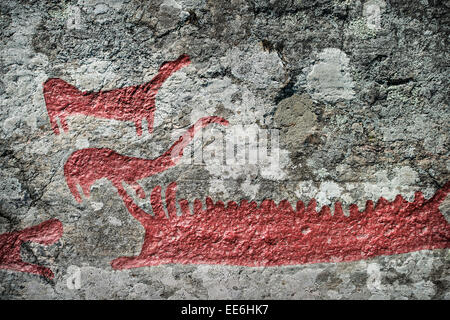 Rock-Gravur bei Himmelstalund eines Schwedens größte Sammlung von Felszeichnungen mit mehr als 1660 Bilder Bronzezeit Stockfoto