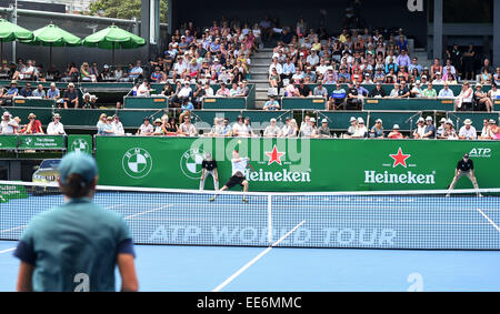 Auckland, Neuseeland. 14. Januar 2015. New Zealand Michael Venus in Aktion während seiner Einzel-Match am Tag3 bei der Heineken Open. Festival der Tennis, ATP World Tour. ASB Tennis Centre, Auckland, Neuseeland. Mittwoch, 14. Januar 2015. Bildnachweis: Aktion Plus Sport/Alamy Live-Nachrichten Stockfoto