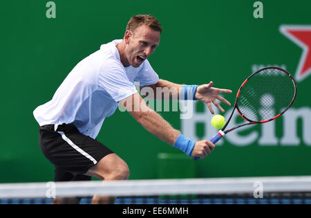 Auckland, Neuseeland. 14. Januar 2015. New Zealand Michael Venus während seiner Einzel-Match am Tag3 bei der Heineken Open. Festival der Tennis, ATP World Tour. ASB Tennis Centre, Auckland, Neuseeland. Mittwoch, 14. Januar 2015. Bildnachweis: Aktion Plus Sport/Alamy Live-Nachrichten Stockfoto