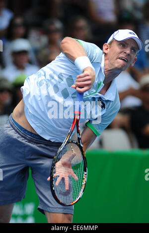 Auckland, Neuseeland. 14. Januar 2015. Kevin Anderson in Südafrika während seiner Einzel-Match bei der Heineken Open. ASB Tennis Centre, Auckland, Neuseeland. Mittwoch, 14. Januar 2015. Bildnachweis: Aktion Plus Sport/Alamy Live-Nachrichten Stockfoto