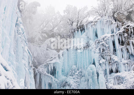 Gefrorenen Wasserfall, Plitvicer Seen, Nationalpark, Kroatien Stockfoto