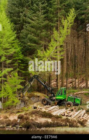 John Deere 1270D Harvester Fällen Holz in einem Wald im westlichen Schottland.  Ein Beispiel für Maschinen für die Ernte von Nadelholz. Stockfoto