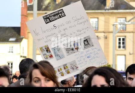 Ein Slogan "sie nicht Freiheit getötet werden" während "Je Suis Charlie" Mahnwache an Laval Stadt, Jet d ' Eau Platz sammeln. Stockfoto