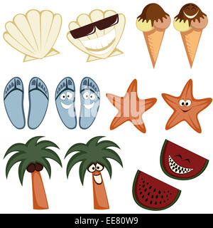 Klassische Sommer Ikonen - Sammlung von bunten niedlichen Sommer Charakter Icons (Emoticons) mit einem einfachen und Cartoon-artigen look Stockfoto