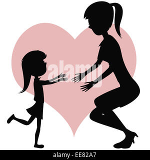 Umarmen Sie deine Mutter! Cartoon-Stil Silhouetten mit ein wenig langhaarige Mädchen läuft zu ihrer Mutter für eine Umarmung. Stockfoto