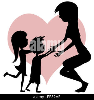 Umarmen Sie deine Mutter! Cartoon-Stil Silhouetten mit ein wenig langhaarige Mädchen und eine kurzhaarige junge laufen gegenüber ihrer Mutter. Stockfoto