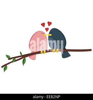 Küssende Birdies an einem Strang - A rosa Mädchen und ein Knabe in blau Vogel paar fühlt sich Frühlingsgefühle! Stockfoto