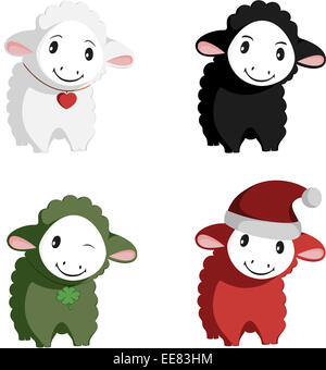 Happy Sheep Maskottchen Illustrationen (unschuldig weiß, smart schwarz, Glück grün und Santa rot). Stockfoto