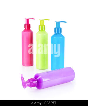 Mehrfarbige Neon-Lotion-Flaschen mit Dispenser-Pumpe Stockfoto