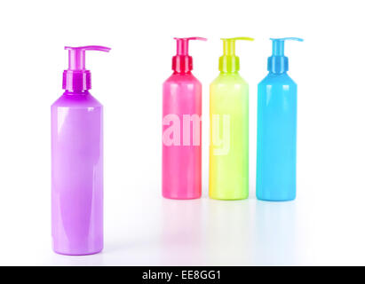 Mehrfarbige Neon-Lotion-Flaschen mit Dispenser-Pumpe Stockfoto