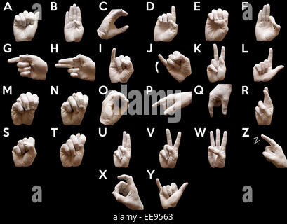 Gebärdensprache amerikanische Alphabet mit Händen über schwarzen Hintergrund weiß lackiert Stockfoto