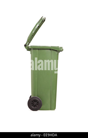 Vertikale Studioaufnahme von einem leeren Müll bin isolierten auf weißen Hintergrund Stockfoto