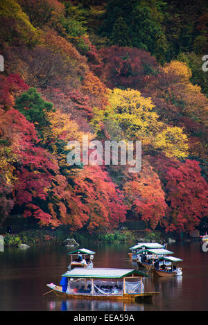 Herbstfarben auf dem Ōi Fluss in Arashiyama, Kyoto, Japan. Stockfoto