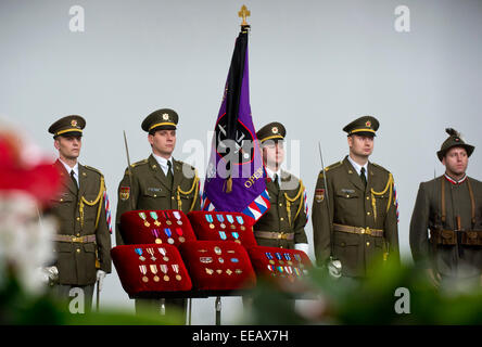 Staatliche und militärische Vertreter nahmen an der Beerdigung von Jiri Schams, Tschechische Kriegsveteranen aus Afghanistan und Initiator eines Fonds zur Unterstützung der Verwundeten Veteranen, der heute auf Donnerstag, 15. Januar 2015 mit militärischen Ehren bestattet wurde. Vor der Zeremonie überquerten zwei Jas-39 Gripen Kämpfer und zwei Mi-24 Kampfhubschrauber den Himmel über dem Krematorium in Prag-Strasnicer. Schams, den Spitznamen "Regi", die 2008 starb an Krebs, letzte Woche in Afghanistan ernsthaft verletzt wurde im Alter von 42 Jahren. Zusammen mit seiner Familie, Soldaten, einschließlich seiner Kameraden Mitstreiter, als Verteidigung-Minister Martin Stropnic Stockfoto