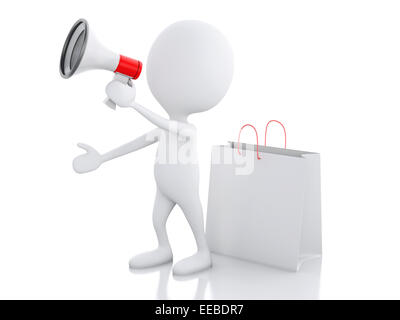 3D Illustration. Weißer Mann Verkauf Ankündigung mit Megaphon und Einkaufstasche auf weißem Hintergrund Stockfoto