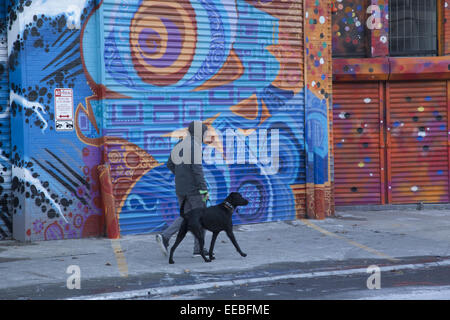 Mann geht seinen Hund vorbei an Wandmalereien auf Seite der Gebäude in Williamsburg, Brooklyn, NY. Stockfoto