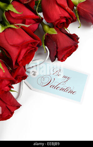 Happy Valentines Day Strauß roter Rosen auf weißem Hintergrund, vertikal mit sein My Valentine Tag Grußkarte. Stockfoto