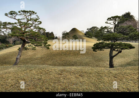 Kumamoto, Kyushu, Japan. Der Garten von Suizen-JI Joju-en wurde 1632 eröffnet. Landschaft mit einer Nachbildung des Mount Fuji und Miniaturkiefern Stockfoto