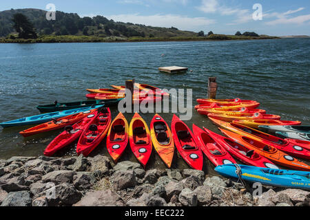 Ein Ausstatter Kajaks entlang den Russian River in der Nähe seiner Mündung in den Pazifik, Jenner, Kalifornien, USA Stockfoto