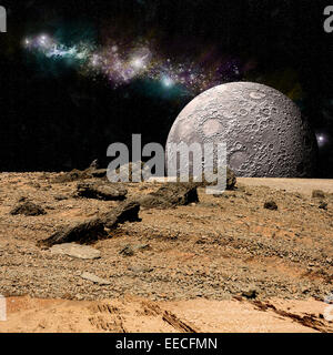 Ein Künstler Darstellung der Ansicht aus einem felsigen und kargen fremden Welt. Ein Mondaufgang über der luftlosen Umgebung. Stockfoto